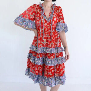 CeliaB Matilda Red Burnout Floral Tiered  Ruffle Sleeve Midi Dress XS NWT